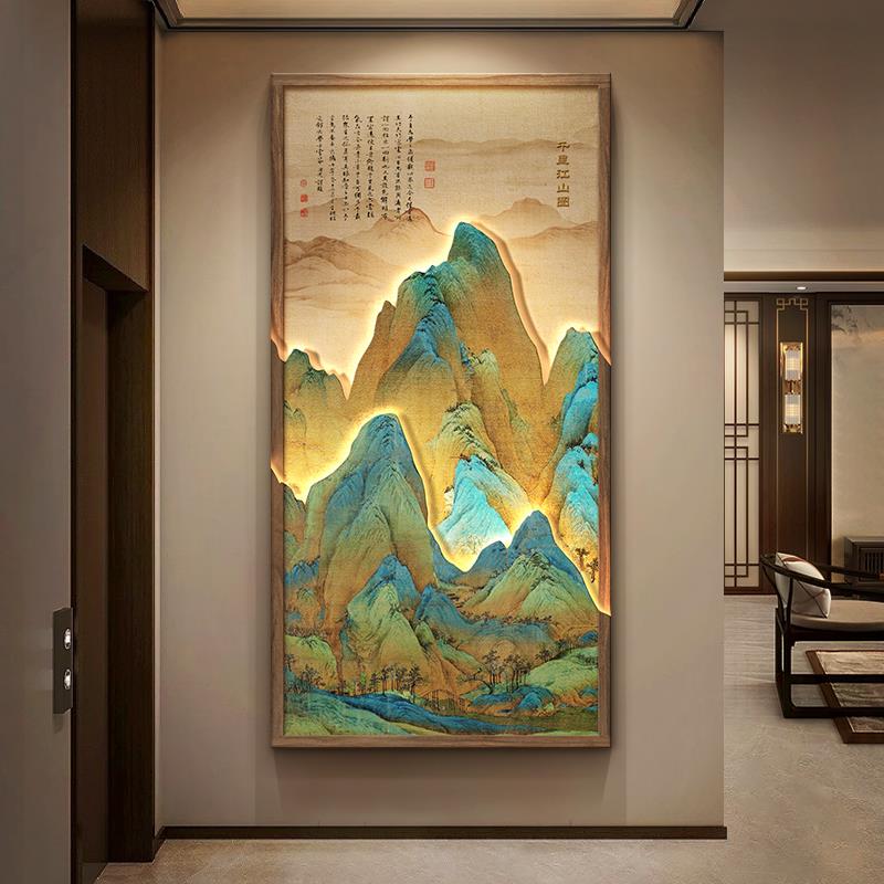 千里江山图玄关挂画新中式装饰画竖版山水画宋代美学入户门壁画灯