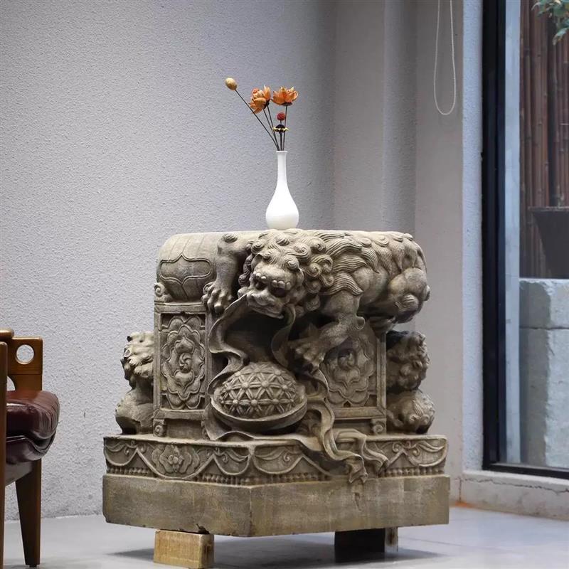 明清石雕石墩门墩青石石鼓底座狮子绣球石墩子柱顶石老旧石器底座
