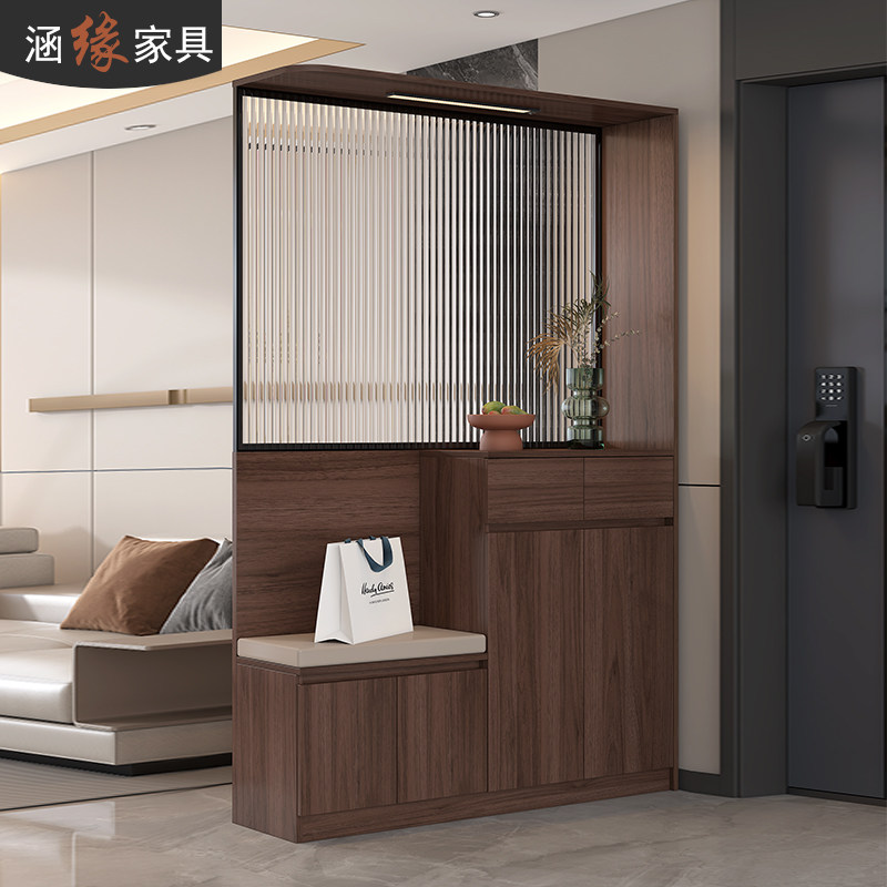 复古风入户玄关鞋柜坐凳一体客厅屏风玻璃隔断柜家用门厅柜7W38