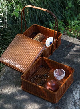 手工竹编提篮食盒提盒带盖收纳盒子整理盒多层手提野餐盒中式复古