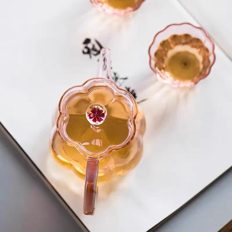 璃享粉色梅花小壶公道杯耐热侧把玻璃泡茶壶高档玻璃茶具套装礼盒