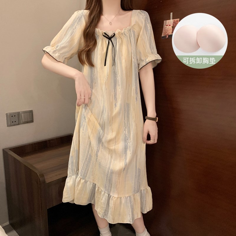 网红风带胸垫睡裙女款夏季2026新款短袖条纹连衣裙学生睡衣家居服