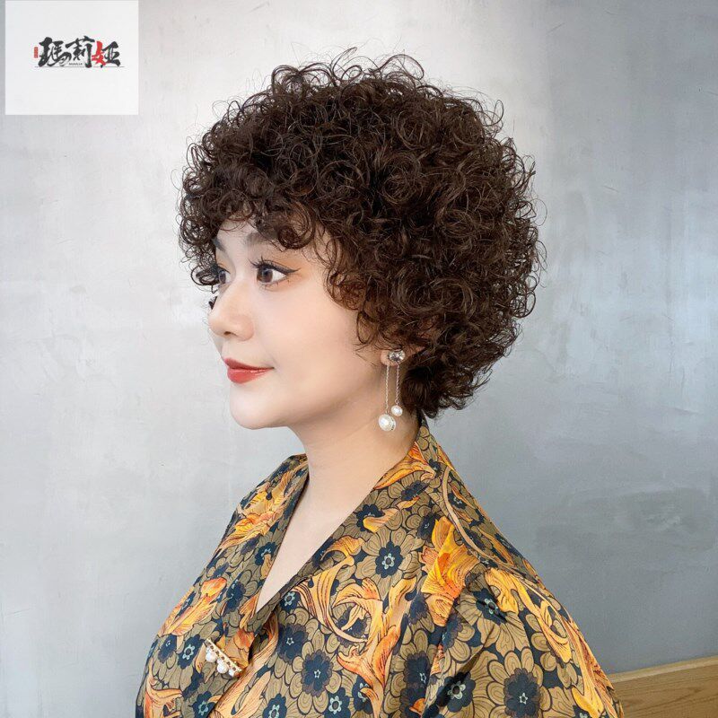 假发女短卷发斜刘海羊毛卷真人发丝假发套整顶女士蓬松盖白发减龄
