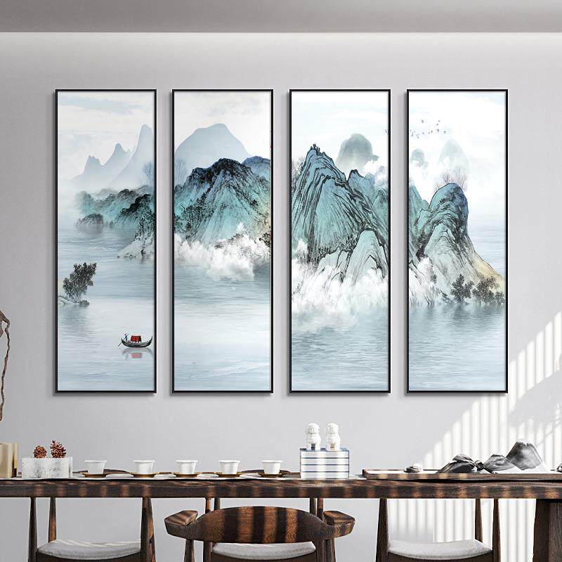 风景山水画客厅沙发背景墙装饰画四联画办公室壁画茶室新中式挂画