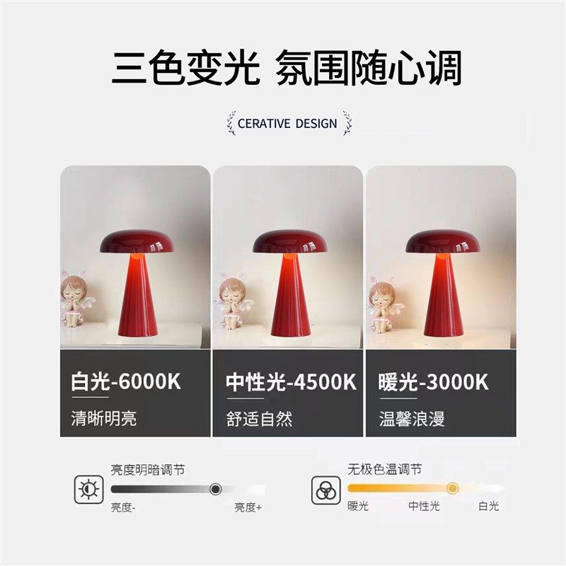 结婚长明灯婚房装饰卧室床头陪嫁送新人礼物婚庆布置蘑菇红色台灯