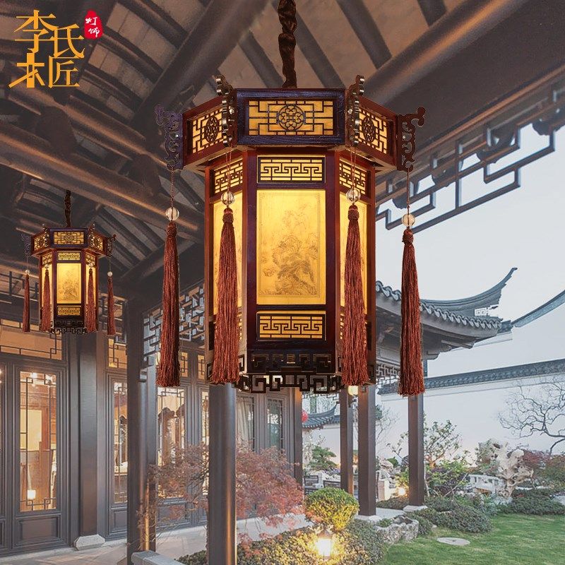 中式实木吊灯六角宫灯彷古红灯笼寺庙祠堂中国风古典凉亭门头灯具