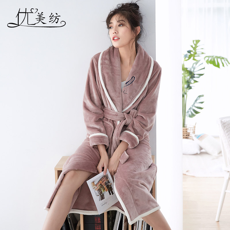 睡袍女秋冬睡衣冬季情侣男长款新加绒加厚保暖可爱珊瑚绒女冬浴袍