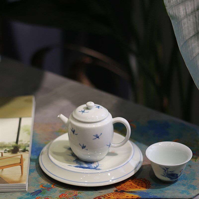 釉下彩纯手绘兰竹实行干泡壶承现代新中式小清新干泡台小茶盘茶托