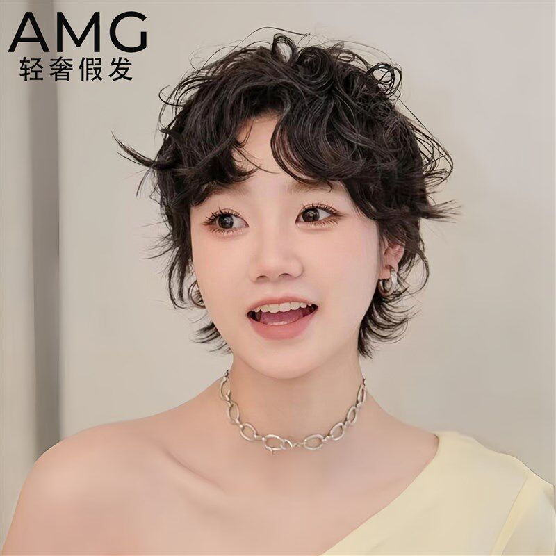假发女短发全头套真人发丝微烫卷夏季轻薄永久短卷发自然假发套
