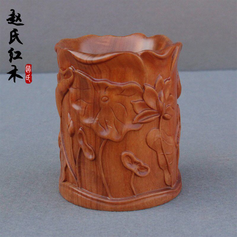 红木笔筒工艺品摆件木雕刻笔筒实木紫檀红酸枝黑檀木质荷花笔筒