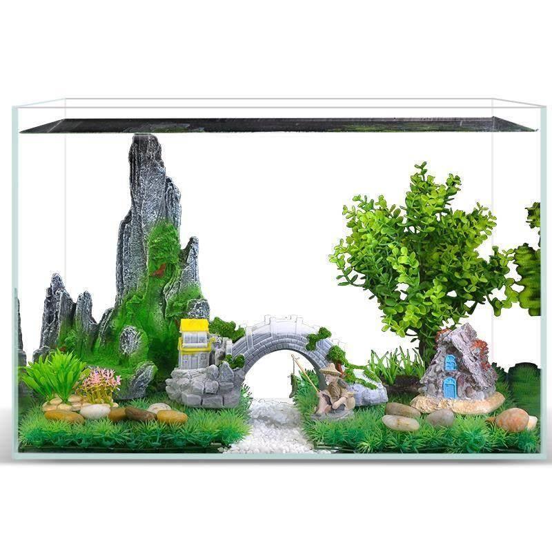 鱼缸造景装饰真水草假山套餐水族箱摆件桌面金鱼缸石子渔翁桥