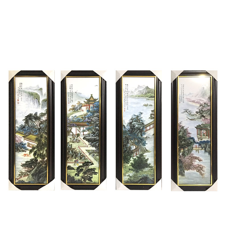 景德镇手绘陶瓷板画四条屏挂画中式仿古客厅装饰画镂空实木框壁画
