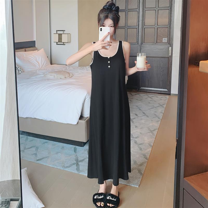 睡裙女夏季莫代尔纯色无袖长款背心裙睡衣带胸垫孕妇连衣裙可外穿
