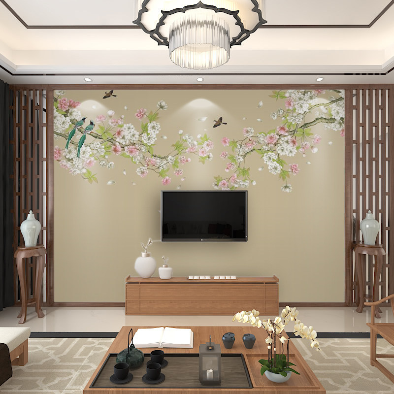 新中式定制花鸟客厅电视背景墙纸3D影视墙布海棠花无缝壁画8D壁纸