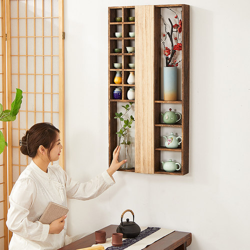 中式实木挂墙置物架墙上茶杯架壁挂式博古架多宝阁茶壶茶具收纳层