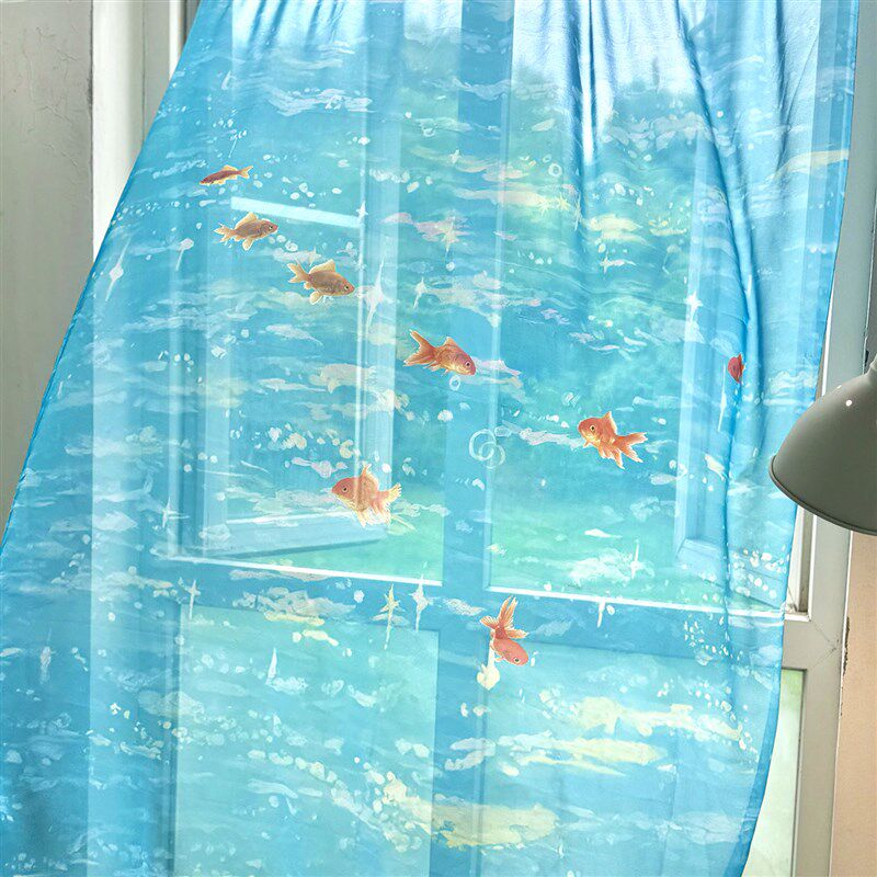 网红金鱼ins风透光窗帘雪纺纱海水纱帘飘窗帘布门帘飘逸阳台纱帘