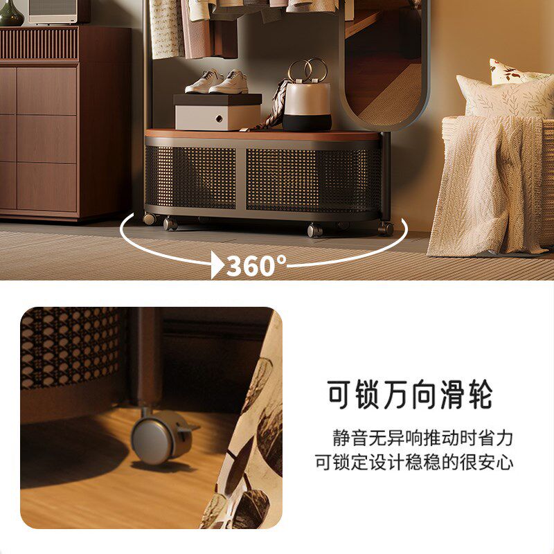 带镜子衣帽架穿衣镜一体家用落地卧室简易可移动挂衣架床头收纳架