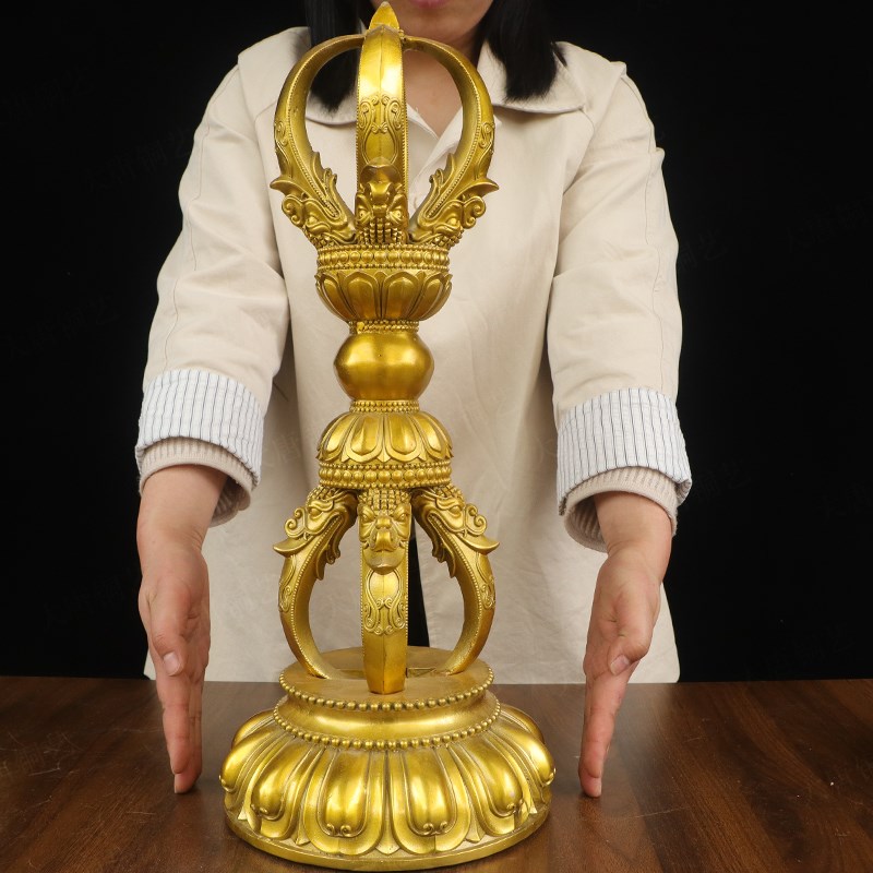 纯黄铜金刚杵带底座五股金刚杵摆件大小号家用普巴撅杵法器降魔杵