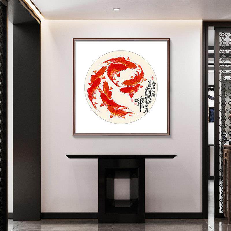 聚财九鱼图玄关装饰画转运寓意好客厅餐厅挂画中式实木背景墙壁画