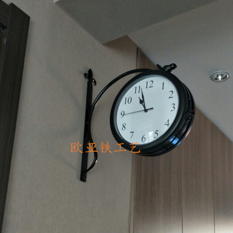 客厅铁艺双面挂钟静音 田园个性钟表 小鸟两面钟 简约壁挂钟包邮