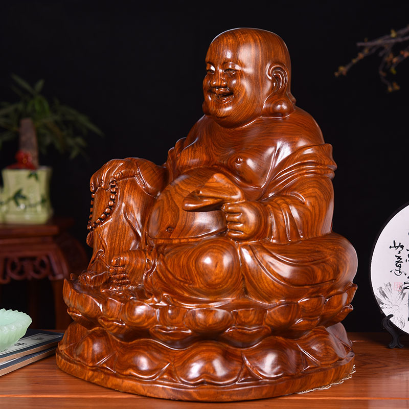 黄花梨木雕笑佛像大肚坐莲弥勒佛摆件布袋佛家居装饰品红木工艺品