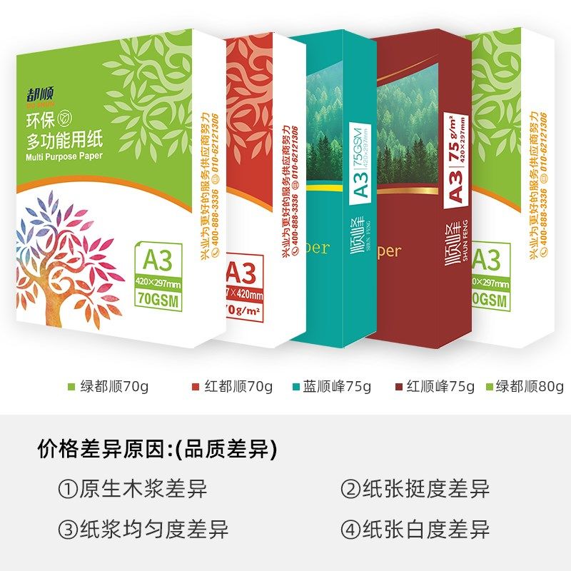 延中兴业 顺峰A3复印纸 都顺 80g打印复印纸 办公用纸 整箱 70g