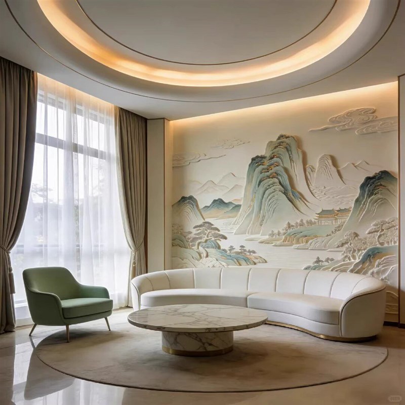 超浮雕新中式千里江山背景护墙板客厅沙发电视装饰墙画高端集成版