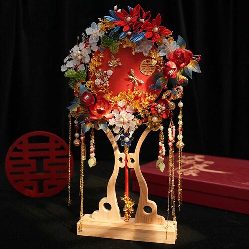 非遗绒花重工团扇新娘结婚di材料包手工高级秀禾喜扇婚扇礼物中式