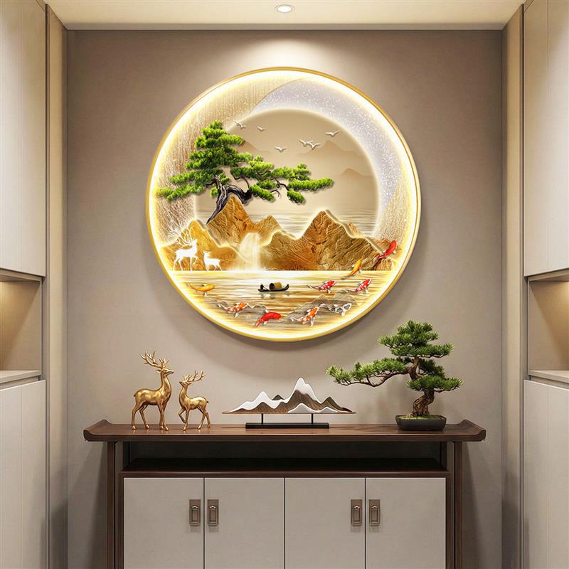 九鱼图新中式玄关装饰画圆形入户正对门走廊过道挂画餐厅带灯壁画