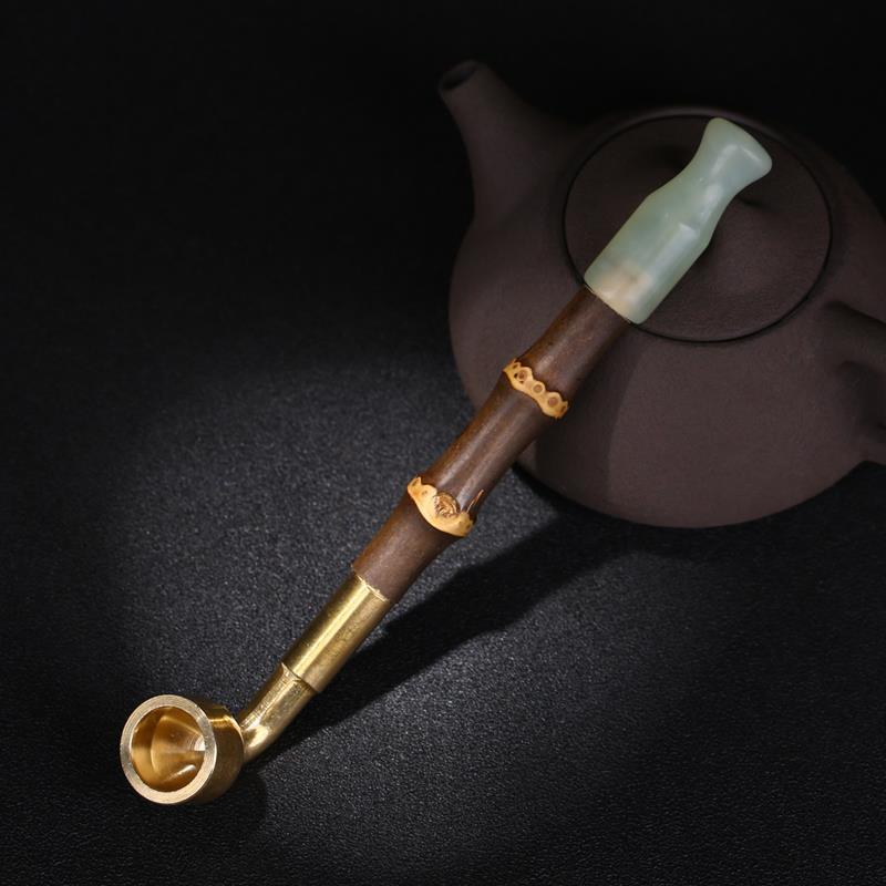 至尊手工紫竹节竹子杆旱烟袋传统老式岫玉石嘴烟斗男士纯铜大锅子