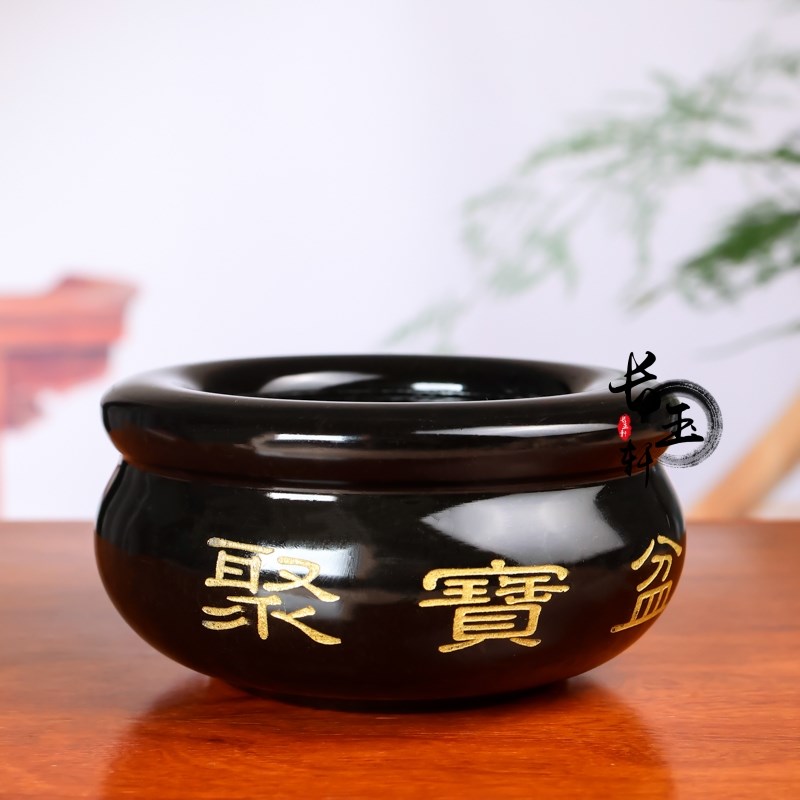 天然黑曜石聚宝盆黑墨玉聚宝盆风水招财摆件客厅玄关财位装饰摆饰