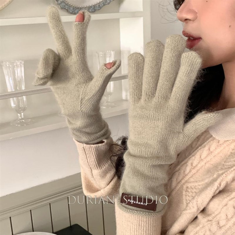 浣熊绒针织手套女冬季新款触屏加绒保暖加厚防寒分指韩版手套潮
