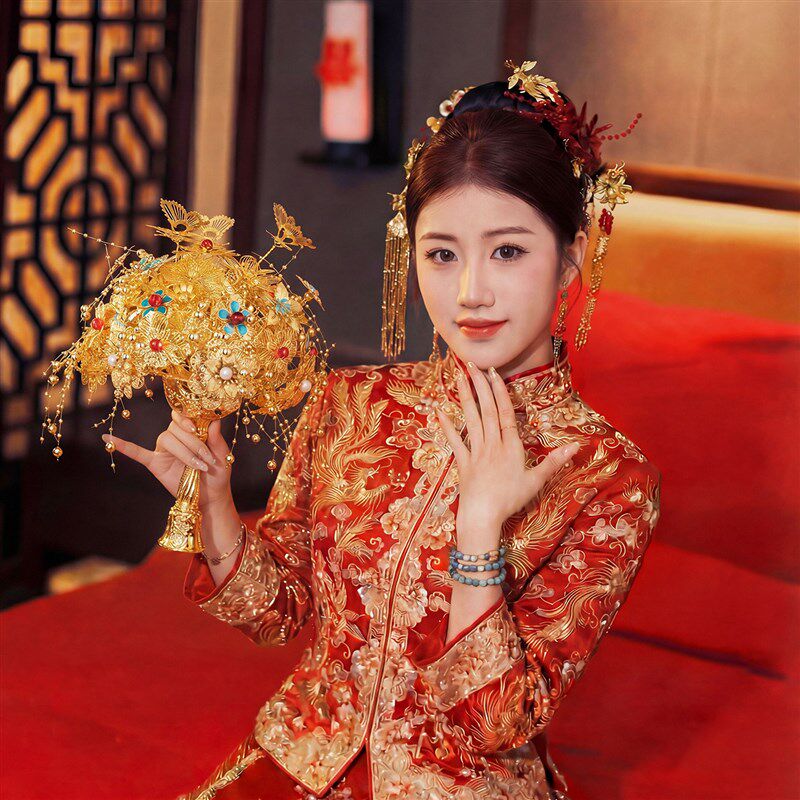 金色手捧花满天星蓝色结婚团扇新娘重工扇高级秀禾婚礼婚扇diy