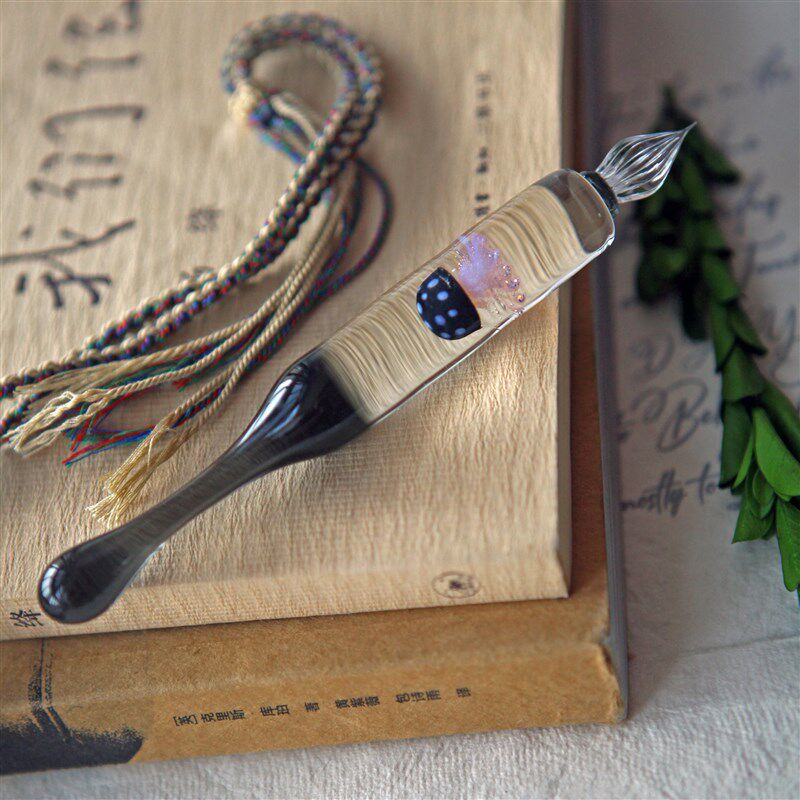 【伊塔斯玻璃】黑色水晶玻璃水母玻璃笔彩墨手作蘸水笔Glass Pen