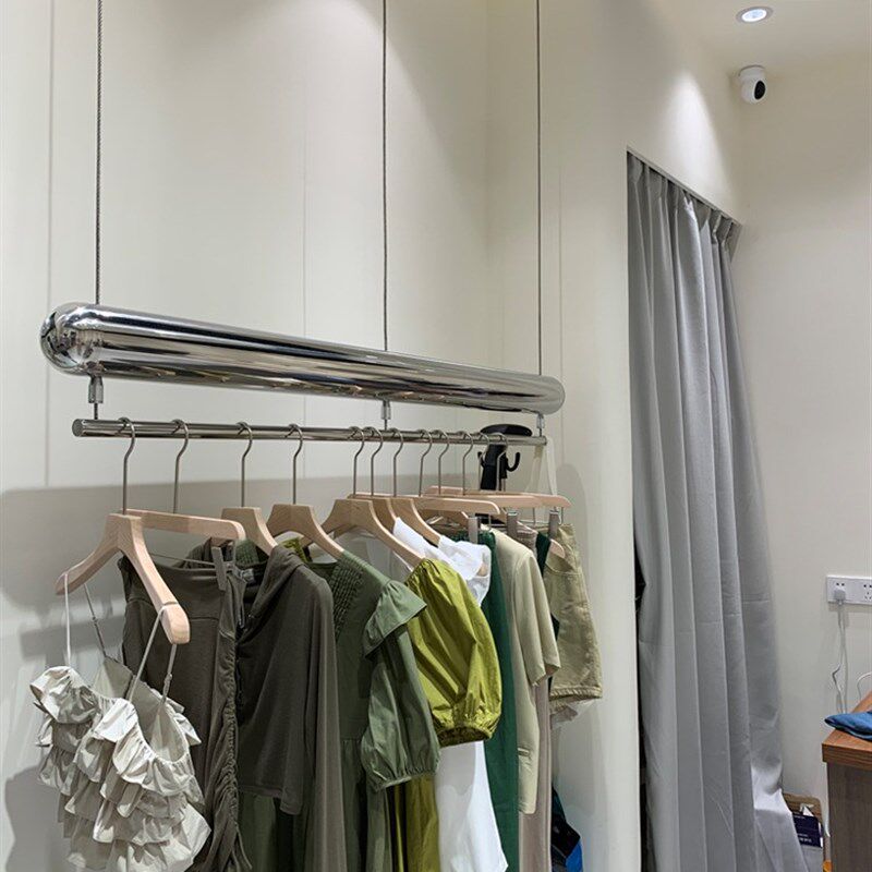 服装店展示架不锈钢吊架升降挂衣杆童装侧挂架女装钢丝调节陈列架