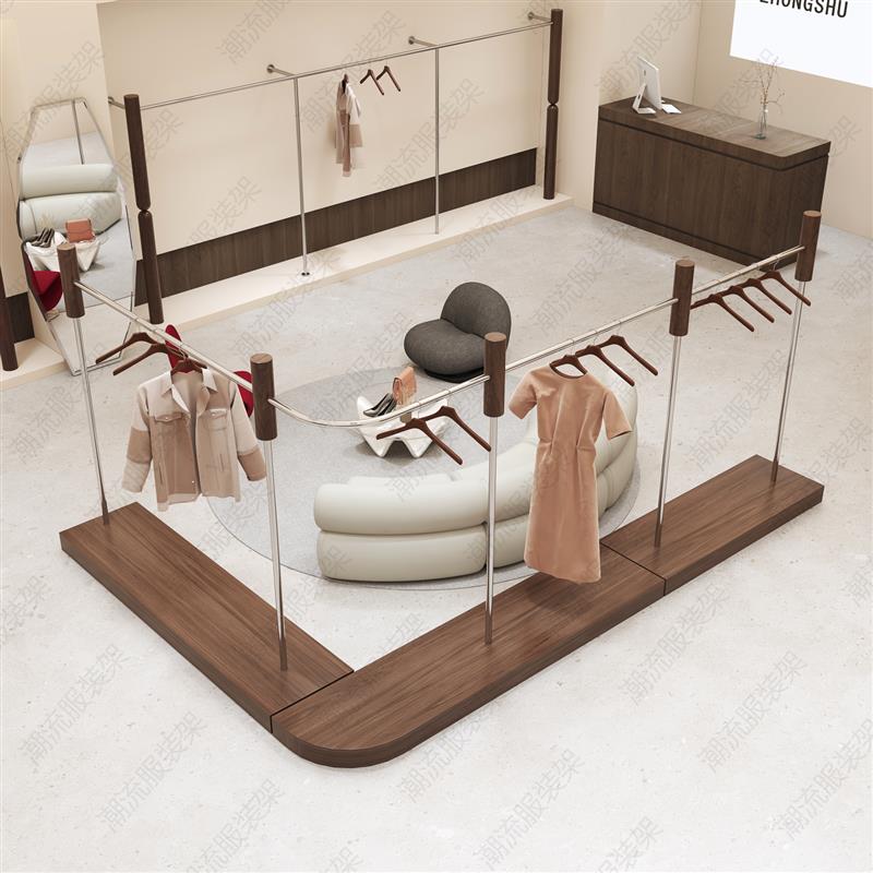 服装店展示架弧形胡桃色带板不锈钢落地架男女装陈列挂衣杆中岛架