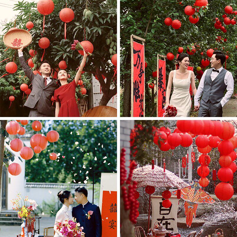 结婚纸灯笼喜字婚房布置套装农村庭院子大门挂饰红色蜂窝球室外