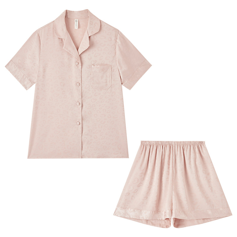 睡衣女夏季冰丝家居服套装夏款短袖短裤纯欲风粉色豹纹女款网红风