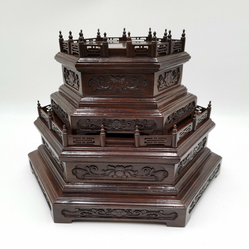 六边形佛像底座黑檀实木摆件花瓶奇石工艺品托架花盆底托