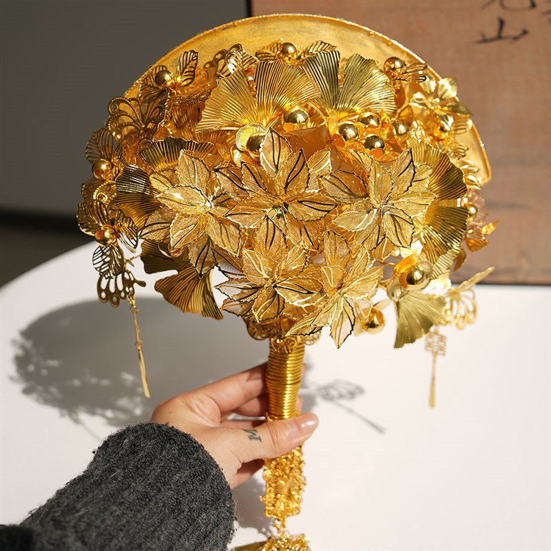 金色手捧花diy材料包婚礼秀禾服高级中式权杖礼物新娘结婚团扇