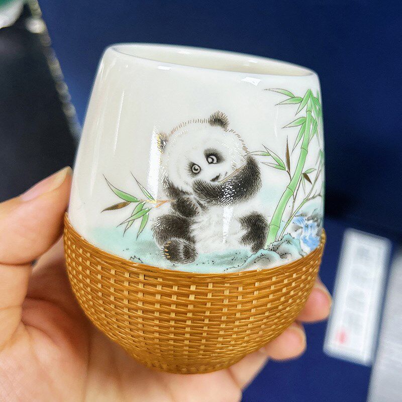 熊猫手握杯竹编茶具道明非遗竹丝扣瓷茶杯四川特色成都礼物包邮