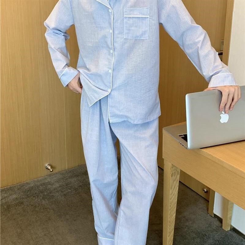 韩版情侣睡衣女长袖蕾丝条纹春秋季家居服男士套装睡裙女款可外穿