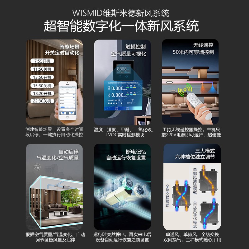 直流变频新风系统家用双向流全热交换器新风机送排风净化一体智能