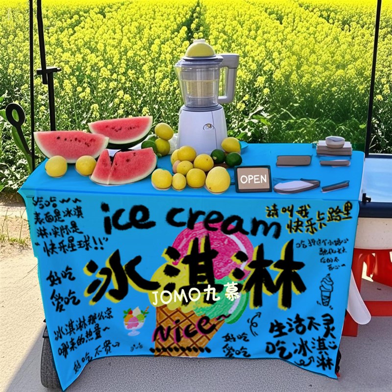 爆款夏季集市摆摊桌布柠檬茶橙汁鲜榨果汁冰粉广告布招牌装饰台布