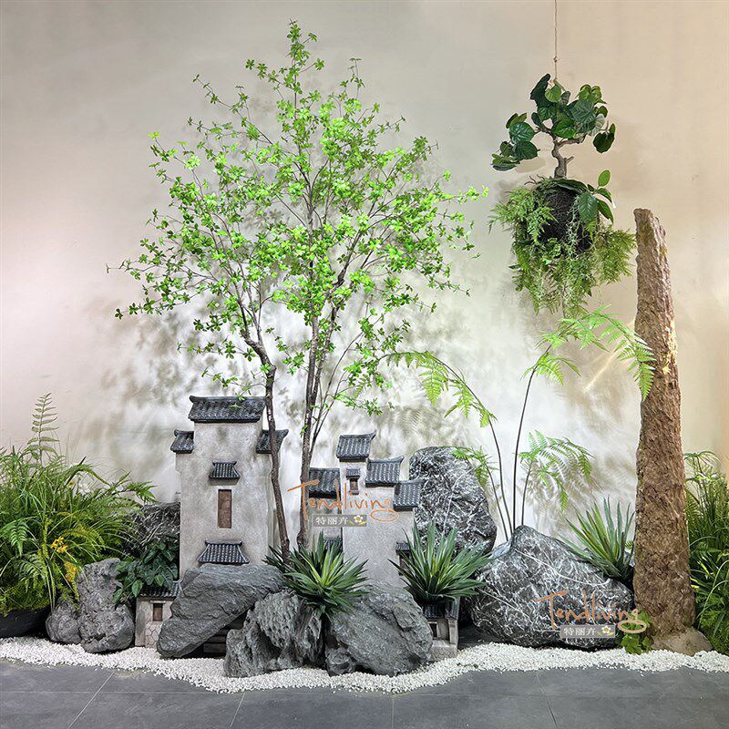 玻璃钢假山石板条船磨盘流水摆件茶室内户外庭院枯山水景绿植造景