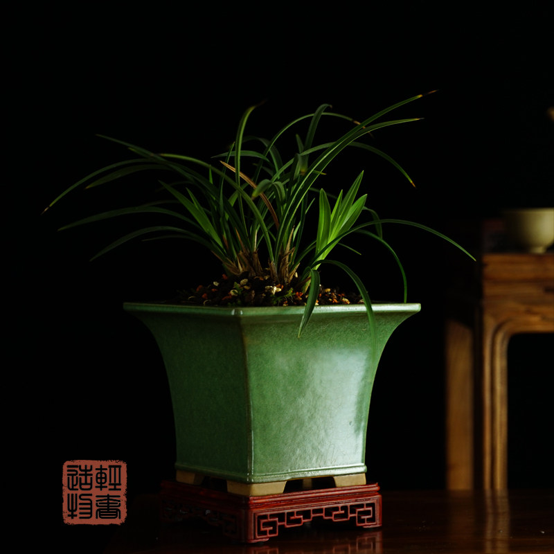 轻奢秦夕洪茶沫釉柴烧底线四方飘口紫砂盆兰花茉莉花春兰盆盆景盆