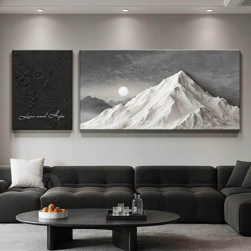 背有靠山客厅装饰画浮雕立体感沙发背景墙挂画抽象黑白灰二联壁画