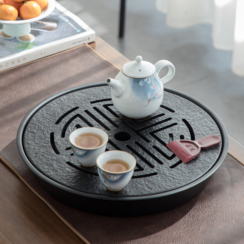 2025新款茶盘圆形乌金石盘不锈钢茶盘家用沥水茶台排储两用茶托盘