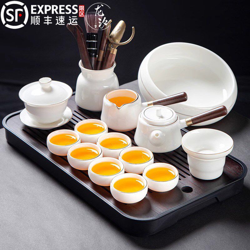 羊脂玉白瓷功夫茶具套装家用客厅陶瓷侧把茶壶盖碗泡茶杯茶盘整套