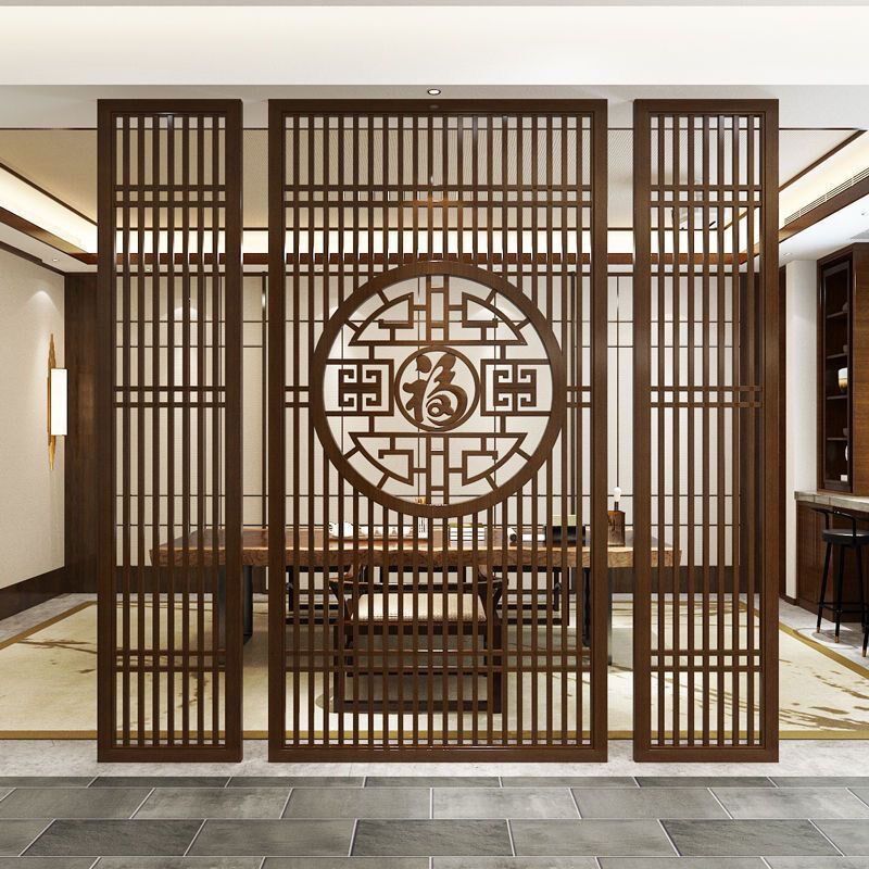 中式铝合金屏风隔断月亮门仿古背景墙玄关入户浮雕格栅烤漆仿木纹